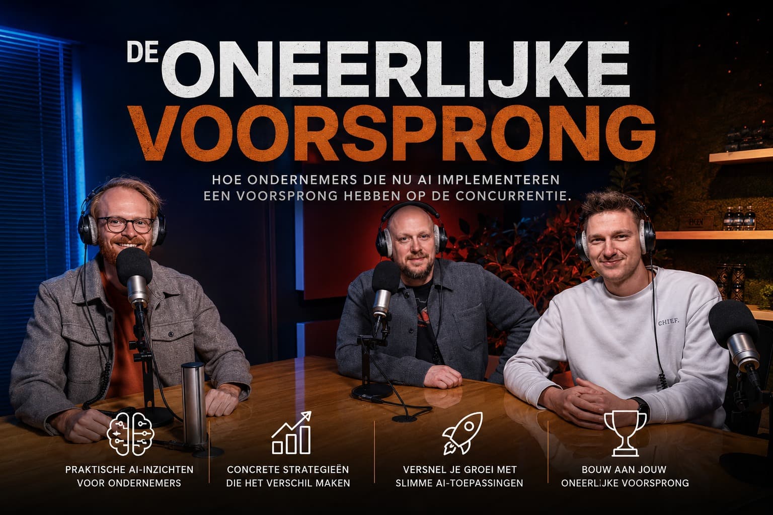 Promobeeld van de podcast De Oneerlijke Voorsprong met de drie hosts